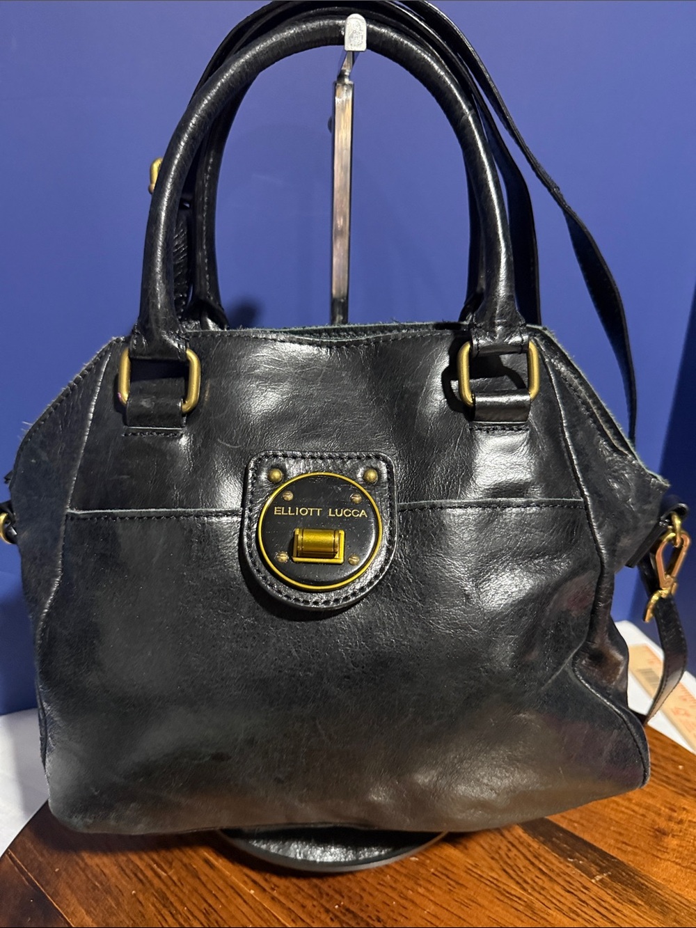 Elliott Lucca Black Leather Top-Handle Crossbody with Gold Accents